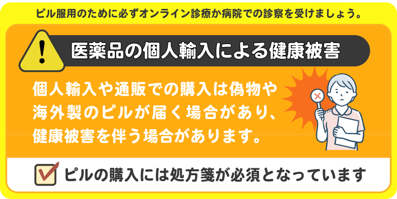 注意喚起：ピルは医薬品の個人輸入は健康被害のリスクがあります。